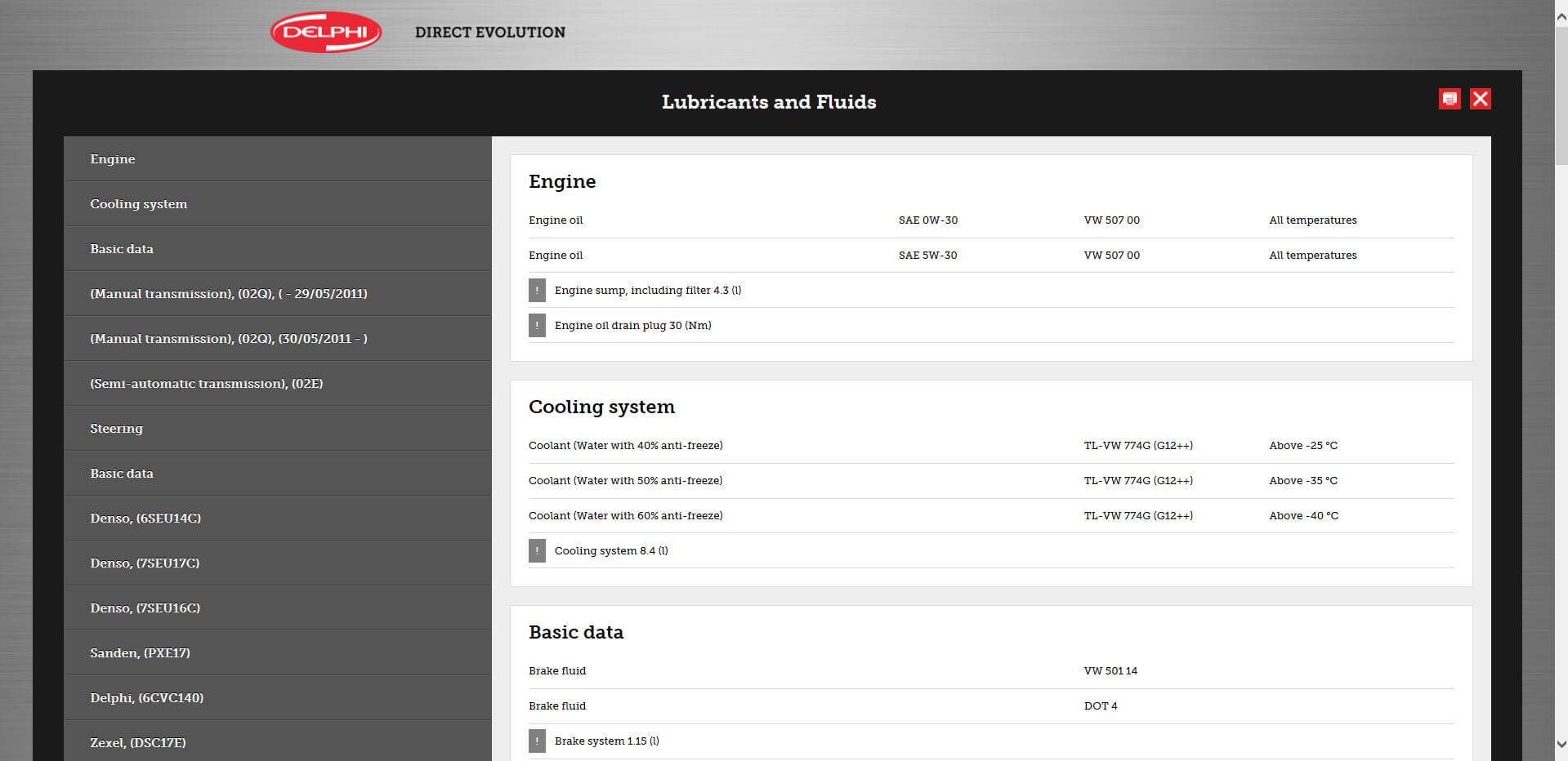 vehicle tech information screen shot of lubricants and fluids (1)